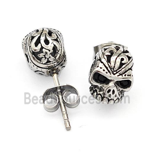 Stainless Steel Skull Stud Earrings Antique Silver