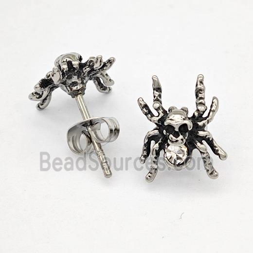 Stainless Steel Spider Stud Earrings Pave Rhinestone Antique Silver