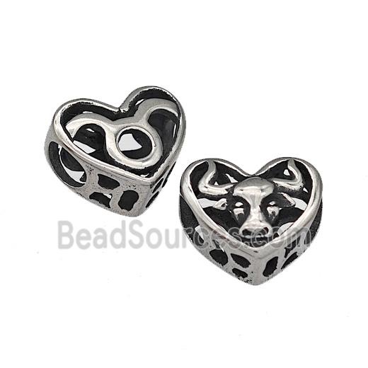 316 Stainless Steel Heart Beads Zodiac Taurus Large Hole Hollow Antique Silver