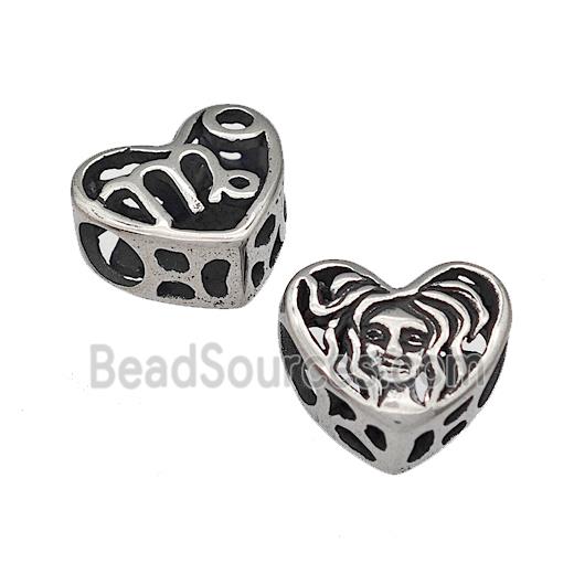 316 Stainless Steel Heart Beads Zodiac Virgo Large Hole Hollow Antique Silver