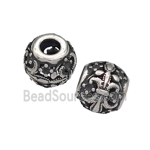 316 Stainless Steel Round Beads Fleur De Lis Hollow Large Hole Antique silver