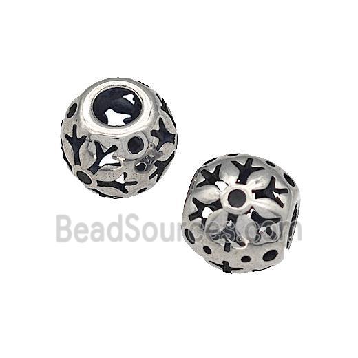 316 Stainless Steel Round Beads Flower Hollow Large Hole Antique silver