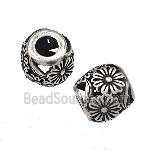 Stainless Steel Barrel Beads Hollow Flower Large Hole Antique Silver