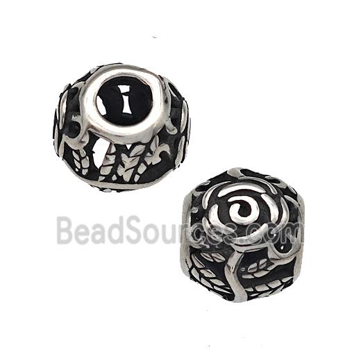 Stainless Steel Round Beads Flower Hollow Large Hole Antique Silver