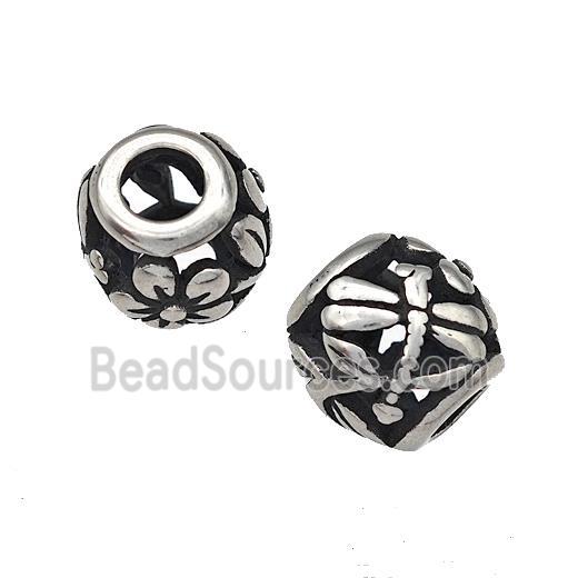 Stainless Steel Barrel Beads Dragonfly Hollow Large Hole Antique Silver