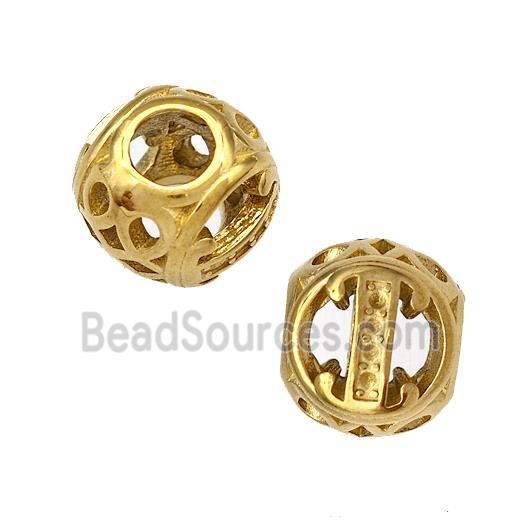 Stainless Steel Round Beads Letter-I Hollow Large Hole Gold Plated