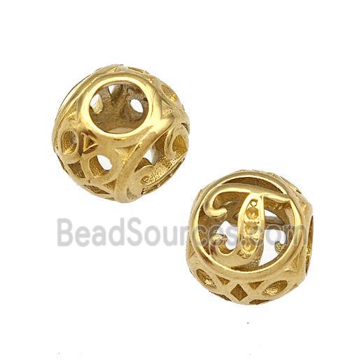 Stainless Steel Round Beads Letter-J Hollow Large Hole Gold Plated