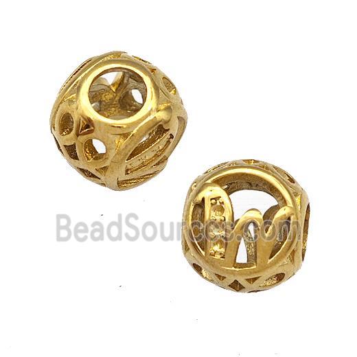 Stainless Steel Round Beads Letter-W Hollow Large Hole Gold Plated