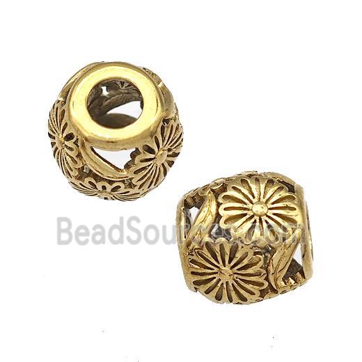 Stainless Steel Barrel Beads Flower Hollow Large Hole Gold Plated