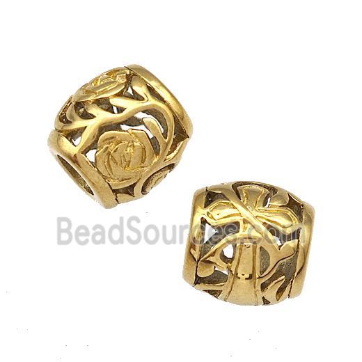 Stainless Steel Barrel Beads Flower Cross Hollow Large Hole Gold Plated