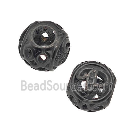 Stainless Steel Round Beads Letter-P Hollow Large Hole Black Plated