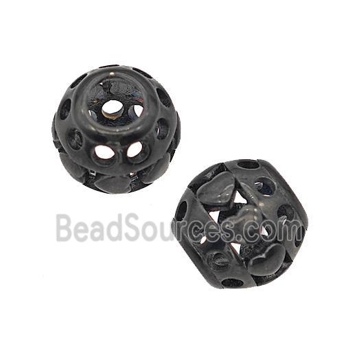 Stainless Steel Round Beads Heart Large Hole Hollow Black Plated