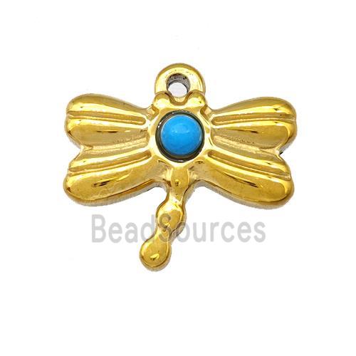 Stainless Steel Dragonfly Pendant Pave Blue Synthetic Turquoise Gold Plated