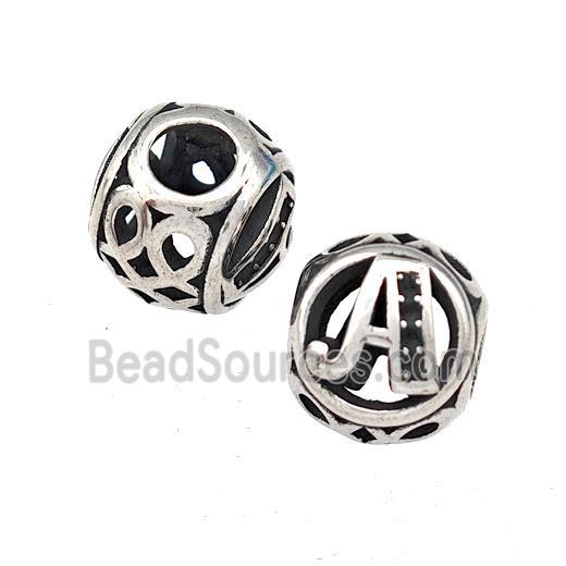 Stainless Steel Round Beads Letter-A Hollow Large Hole Antique Silver