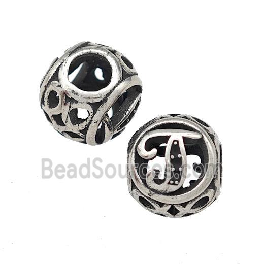 Stainless Steel Round Beads Letter-J Hollow Large Hole Antique Silver