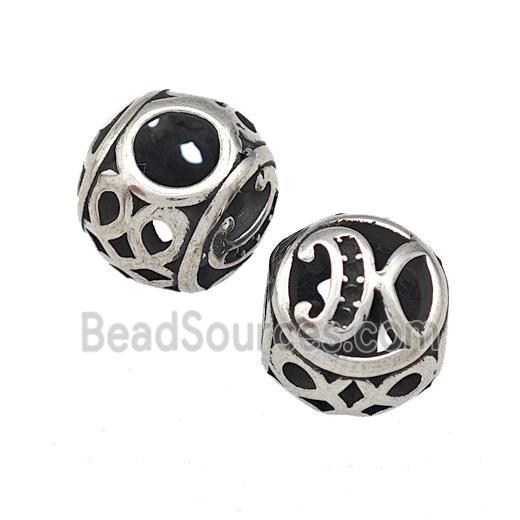 Stainless Steel Round Beads Letter-K Hollow Large Hole Antique Silver