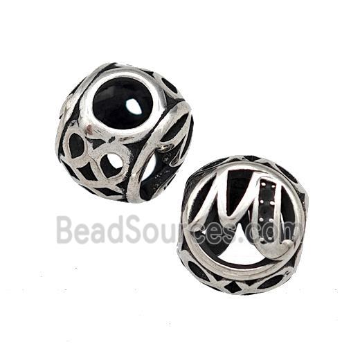 Stainless Steel Round Beads Letter-M Hollow Large Hole Antique Silver