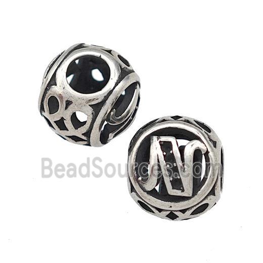 Stainless Steel Round Beads Letter-N Hollow Large Hole Antique Silver