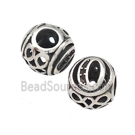 Stainless Steel Round Beads Letter-O Hollow Large Hole Antique Silver