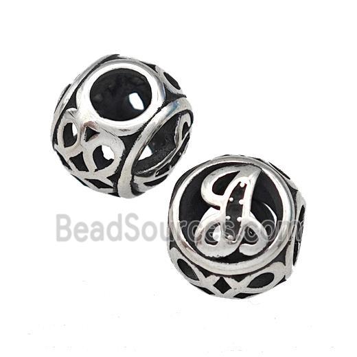 Stainless Steel Round Beads Letter-T Hollow Large Hole Antique Silver