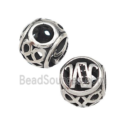 Stainless Steel Round Beads Letter-W Hollow Large Hole Antique Silver