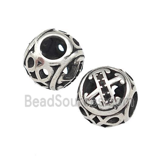 Stainless Steel Round Beads Letter-X Hollow Large Hole Antique Silver