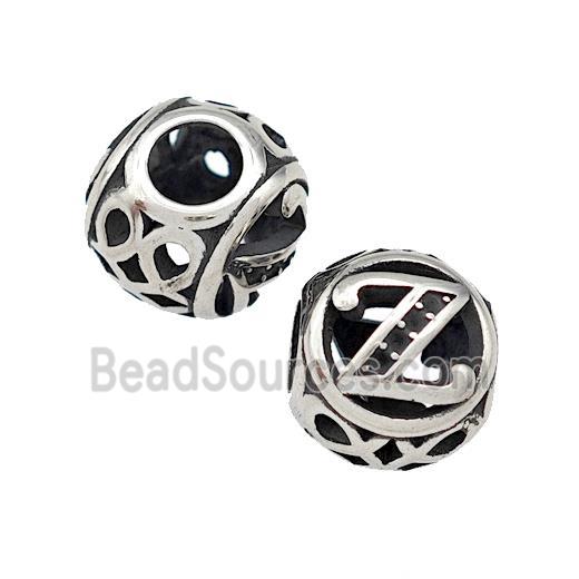 Stainless Steel Round Beads Letter-Z Hollow Large Hole Antique Silver