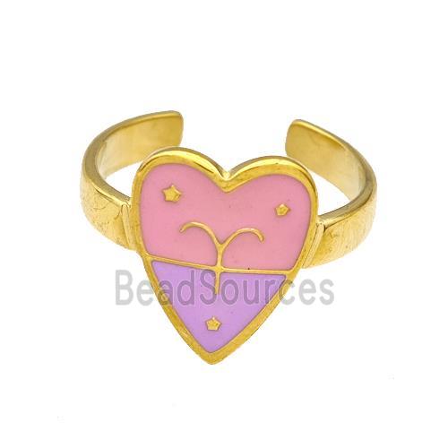 Stainless Steel Heart Rings Zodiac Aries Pink Enamel Gold Plated