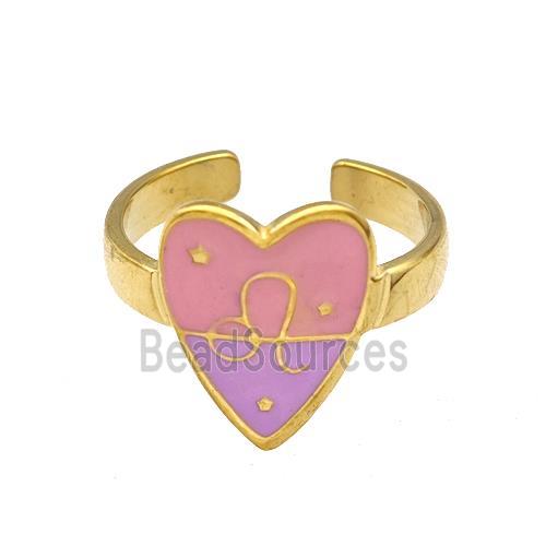 Stainless Steel Heart Rings Zodiac Leo Pink Enamel Gold Plated