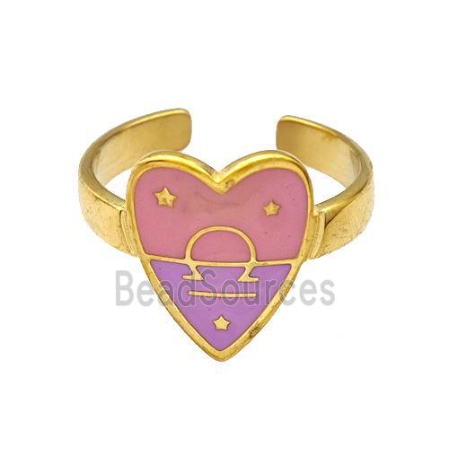 Stainless Steel Heart Rings Zodiac Libra Pink Enamel Gold Plated