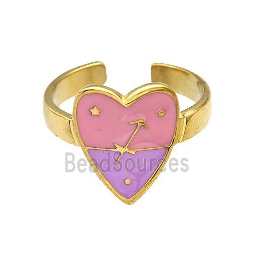 Stainless Steel Heart Rings Zodiac Sagittarius Pink Enamel Gold Plated