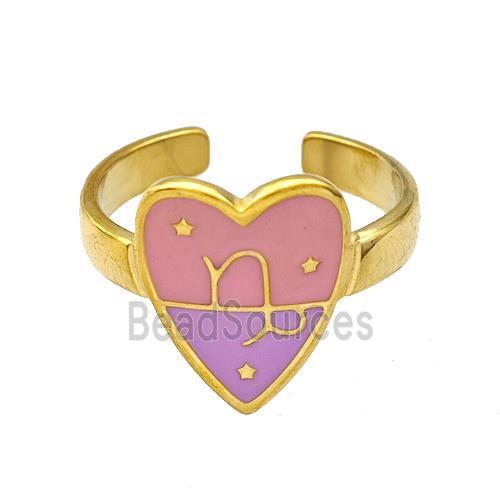 Stainless Steel Heart Rings Zodiac Capricorn Pink Enamel Gold Plated