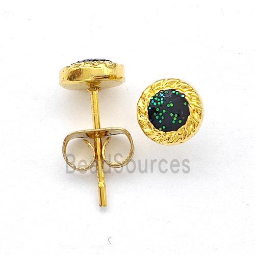 Stainless Steel Stud Earring Pave Black Fire Opal Gold Plated