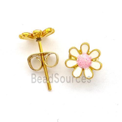 Stainless Steel Daisy Flower Stud Earring Pave Fire Opal White Enamel Gold Plated