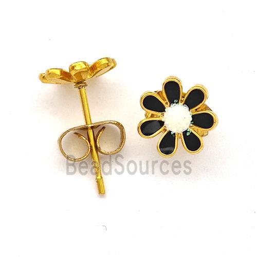 Stainless Steel Daisy Flower Stud Earring Pave Fire Opal Black Enamel Gold Plated