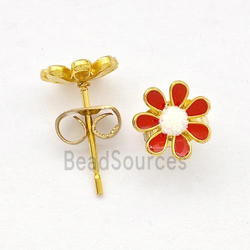 Stainless Steel Daisy Flower Stud Earring Pave Fire Opal Red Enamel Gold Plated