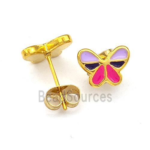 Stainless Steel Butterfly Stud Earrings Multicolor Enamel Gold Plated