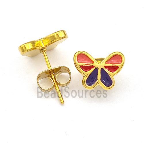 Stainless Steel Butterfly Stud Earrings Multicolor Enamel Gold Plated