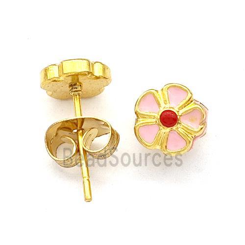 Stainless Steel Flower Stud Earring Pink Enamel Gold Plated