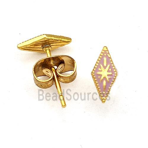 Stainless Steel Compass Stud Earring Lavender Enamel Gold Plated