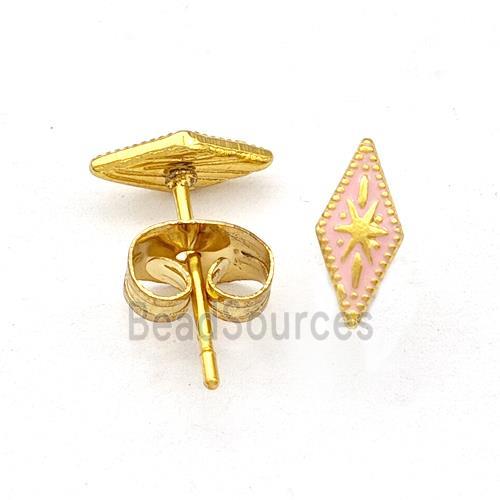 Stainless Steel Compass Stud Earring Pink Enamel Gold Plated