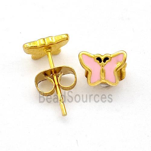 Stainless Steel Butterfly Stud Earring Pink Enamel Gold Plated