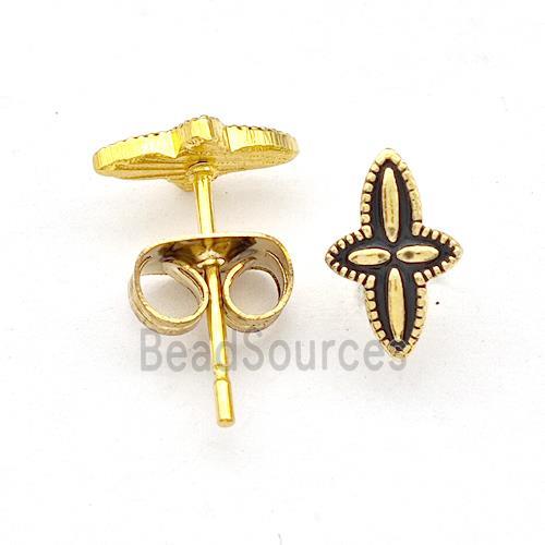 Stainless Steel Compass Stud Earring Black Enamel Gold Plated