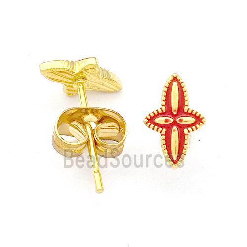 Stainless Steel Compass Stud Earring Red Enamel Gold Plated