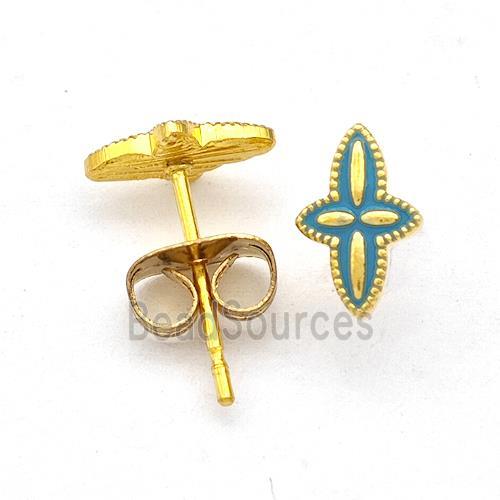 Stainless Steel Compass Stud Earring Green Enamel Gold Plated