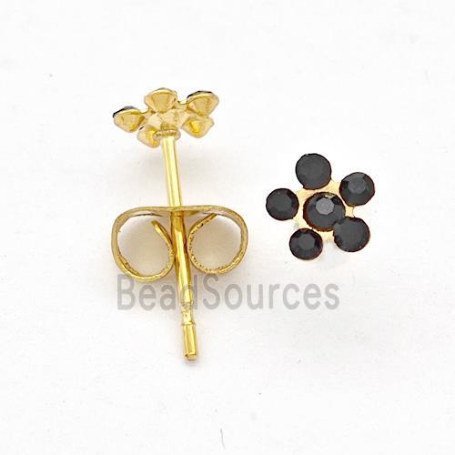 Stainless Steel Flower Stud Earring Pave Black Rhinestone Gold Plated