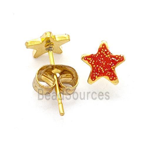 Stainless Steel Star Stud Earring Pave Fire Opal Gold Plated