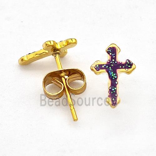 Stainless Steel Cross Stud Earring Pave Fire Opal Gold Plated