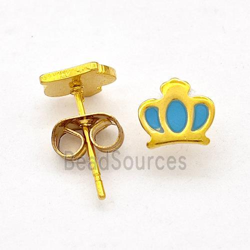 Stainless Steel Crown Stud Earring Teal Enamel Gold Plated