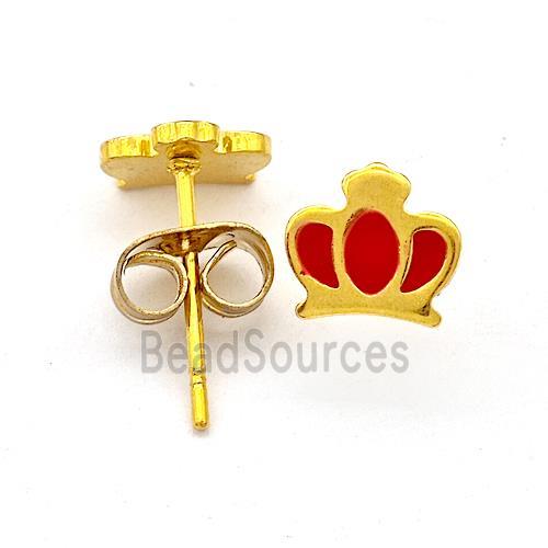 Stainless Steel Crown Stud Earring Red Enamel Gold Plated